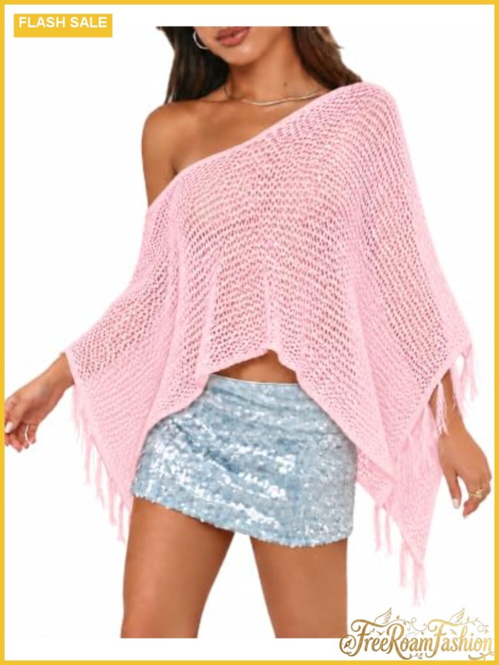 Women's Sheer Knit Crochet Fringe Poncho Beach Coverup